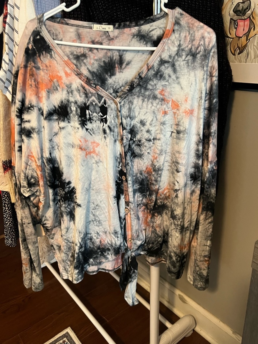 Tie-Dye Button Front Tie Hem Women's Top - Black, Gray & Coral